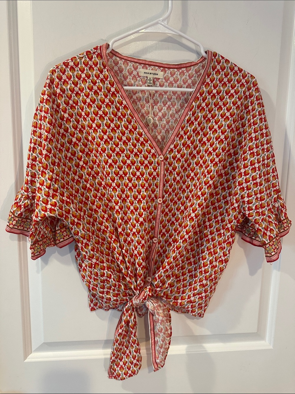 Max Studio Pink and Red Printed Tie-Front Blouse